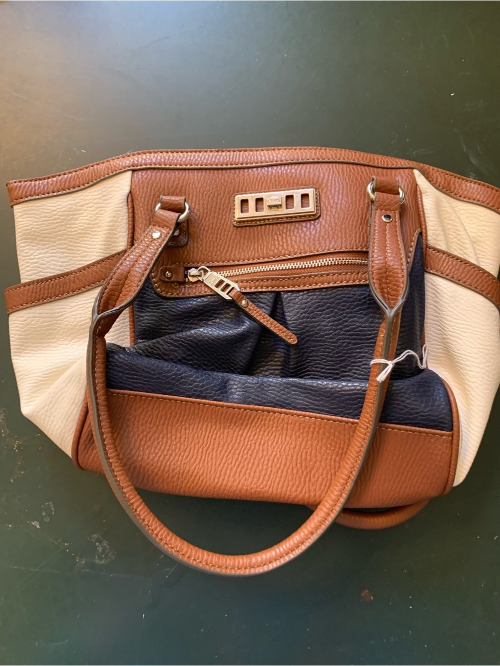Chaps Tri-Color Pebbled Leather Tote in Brown, Navy & Cream